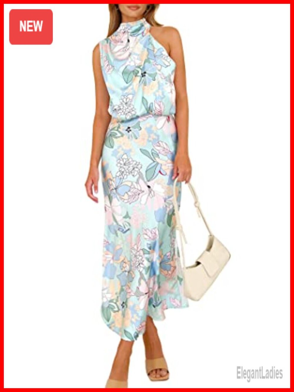 Satin Maxi Cocktail Dress Sleeveless Mock Neck Summer Blouson Ruffle